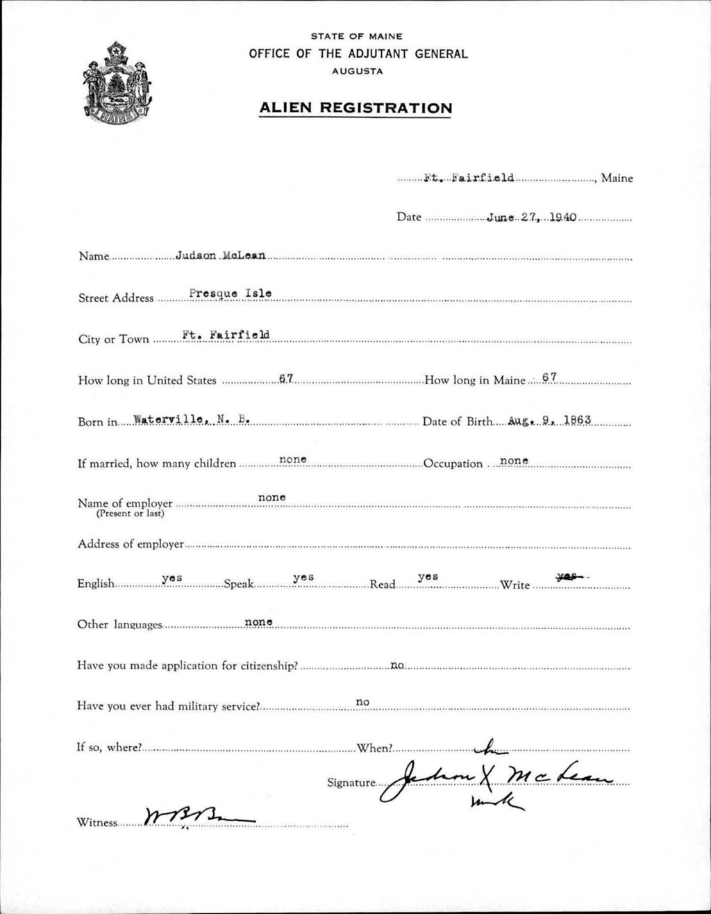 Miniature of Alien Registration- Mclean, Judson (Fort Fairfield, Aroostook County)