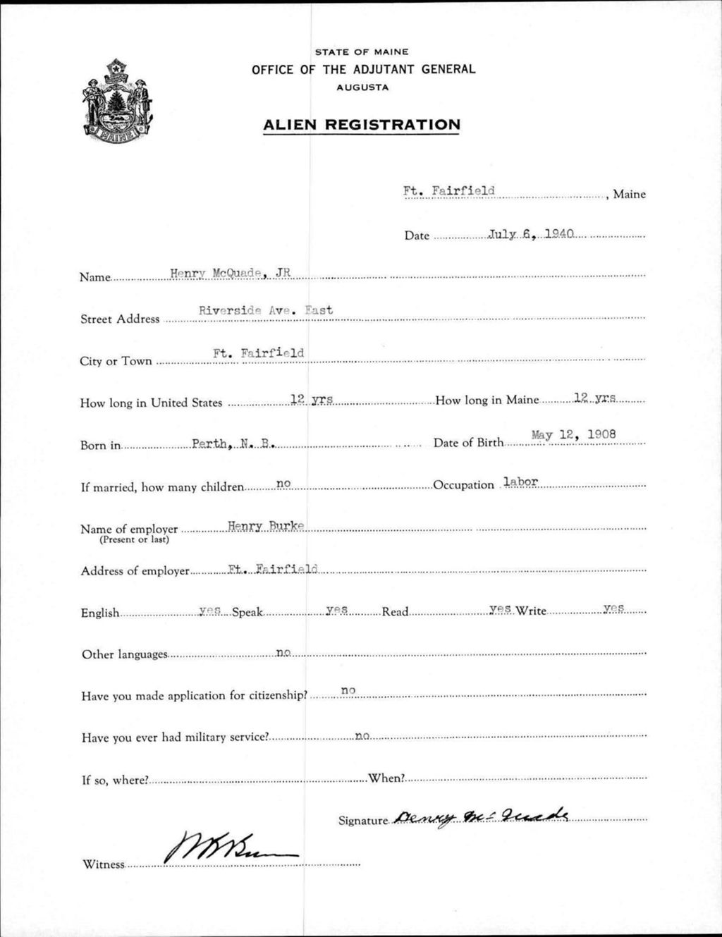 Miniature of Alien Registration- Mcquade, Henry, Jr. (Fort Fairfield, Aroostook County)