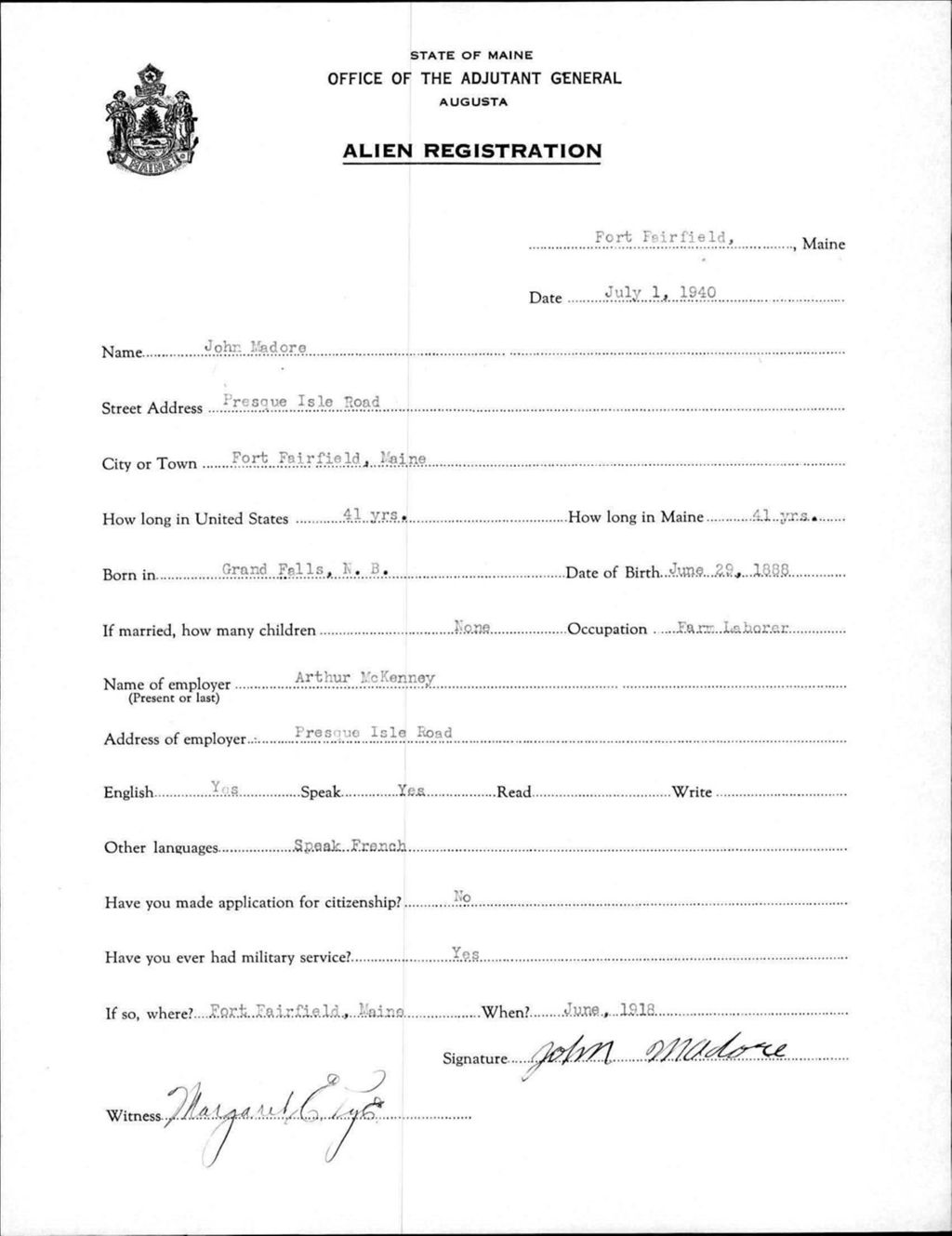 Miniature of Alien Registration- Madore, John (Fort Fairfield, Aroostook County)