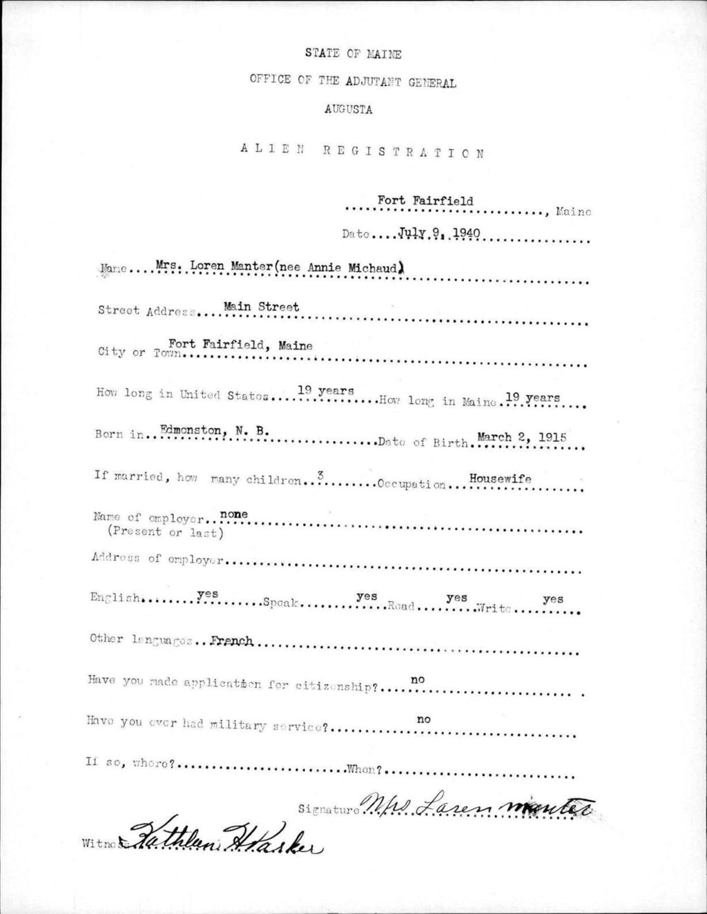 Miniature of Alien Registration- Michaud, Annie (Fort Fairfield, Aroostook County)