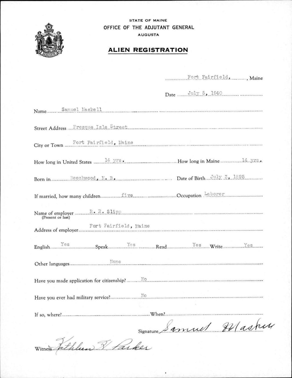 Miniature of Alien Registration- Maskell, Samuel (Fort Fairfield, Aroostook County)