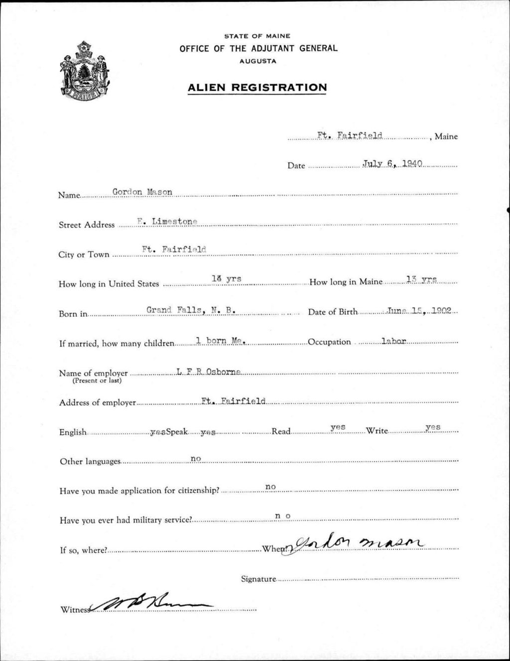 Miniature of Alien Registration- Mason, Gordon (Fort Fairfield, Aroostook County)