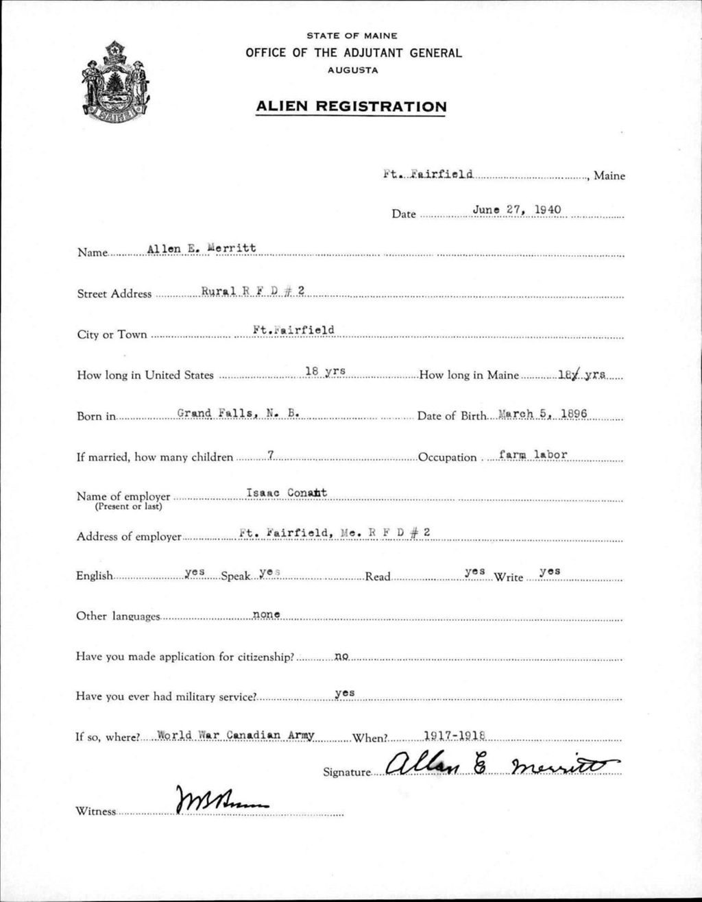 Miniature of Alien Registration- Merritt, Allen E. (Fort Fairfield, Aroostook County)