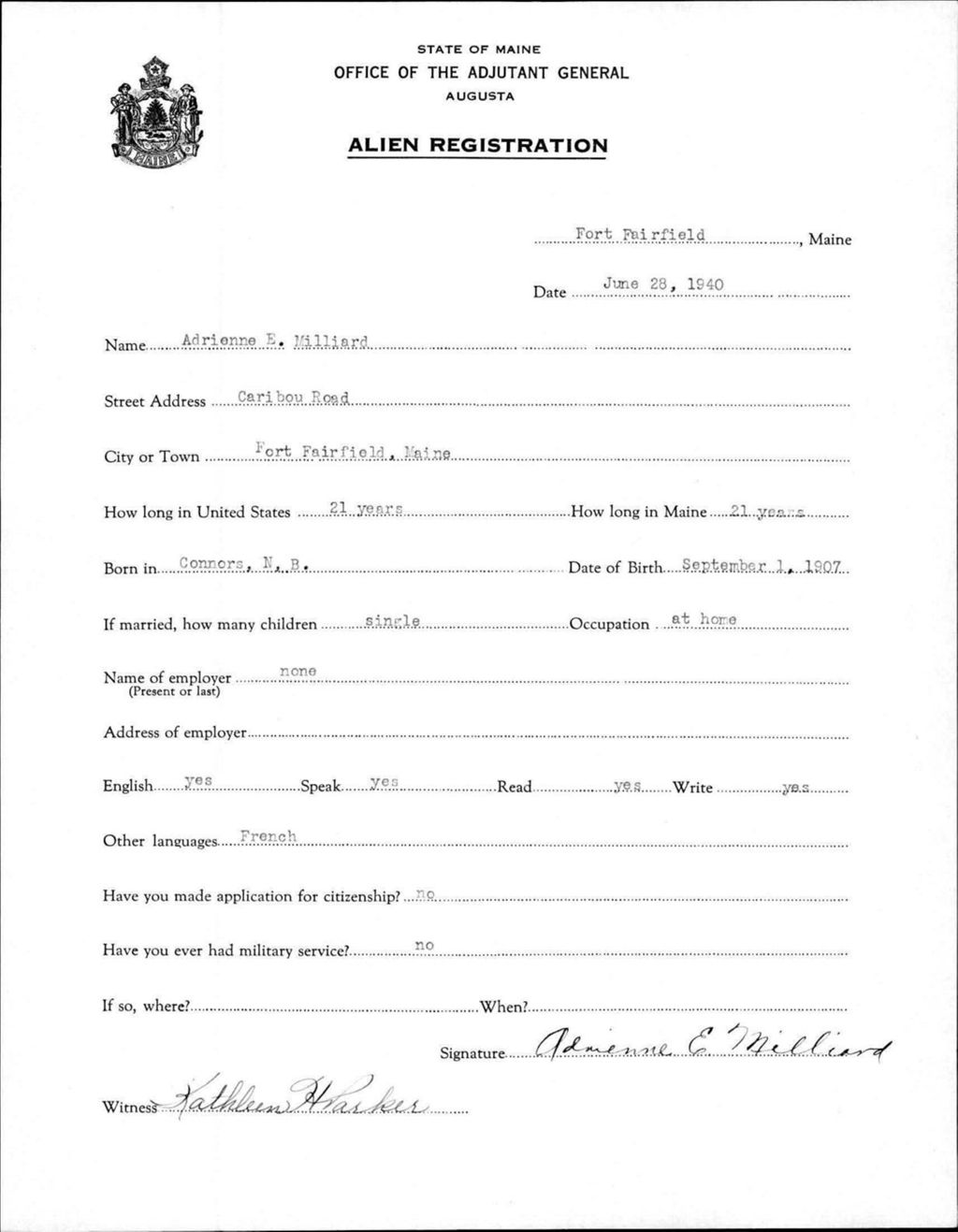 Miniature of Alien Registration- Millard, Adrienne E. (Fort Fairfield, Aroostook County)