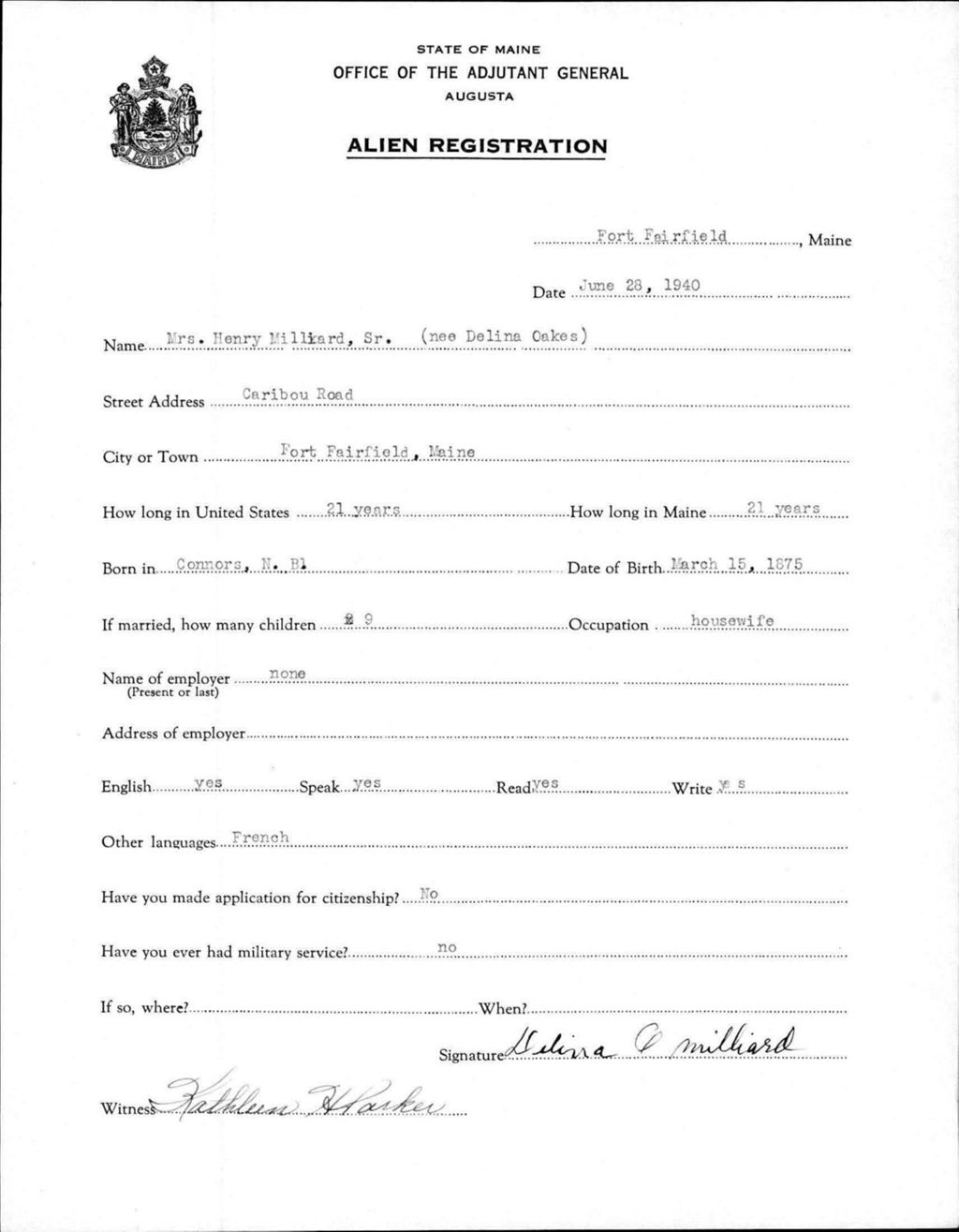 Miniature of Alien Registration- Oakes, Delina (Fort Fairfield, Aroostook County)