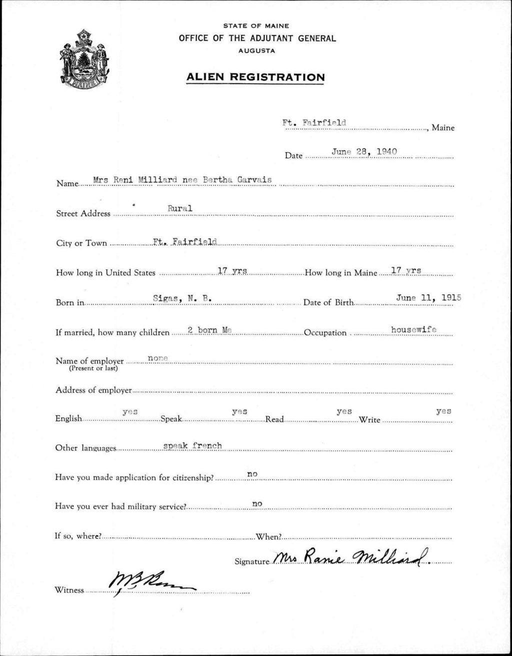 Miniature of Alien Registration- Garvais, Bertha (Fort Fairfield, Aroostook County)