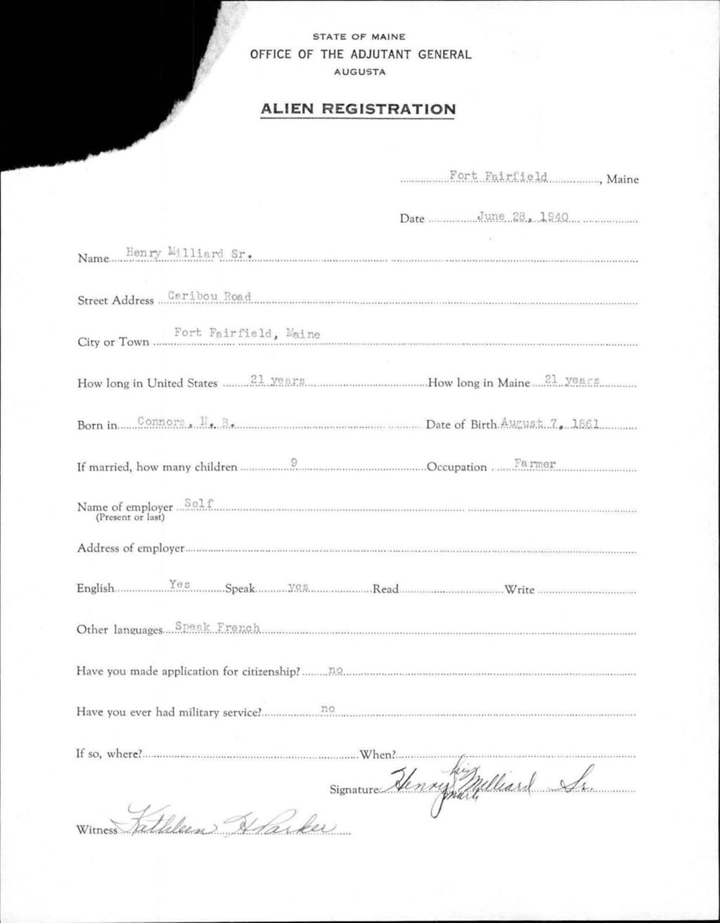 Miniature of Alien Registration- Millard, Henry, Sr. (Fort Fairfield, Aroostook County)