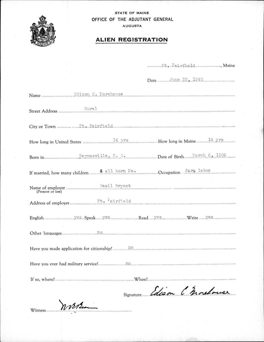 Miniature of Alien Registration- Morehouse, Edison C. (Fort Fairfield, Aroostook County)