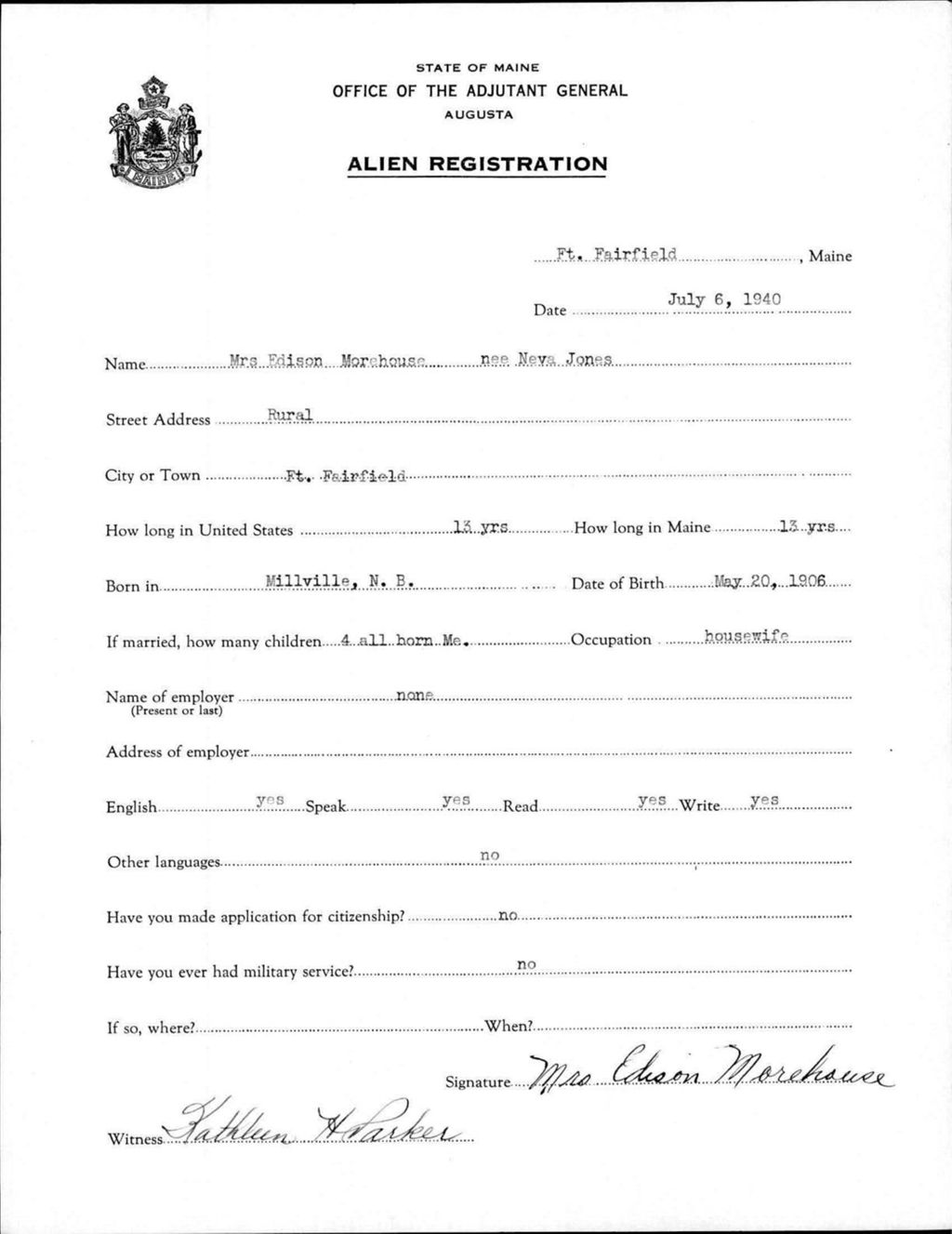 Miniature of Alien Registration- Jones, Neva (Fort Fairfield, Aroostook County)