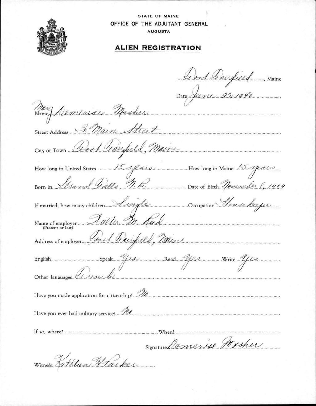 Miniature of Alien Registration- Masher, Mary D. (Fort Fairfield, Aroostook County)