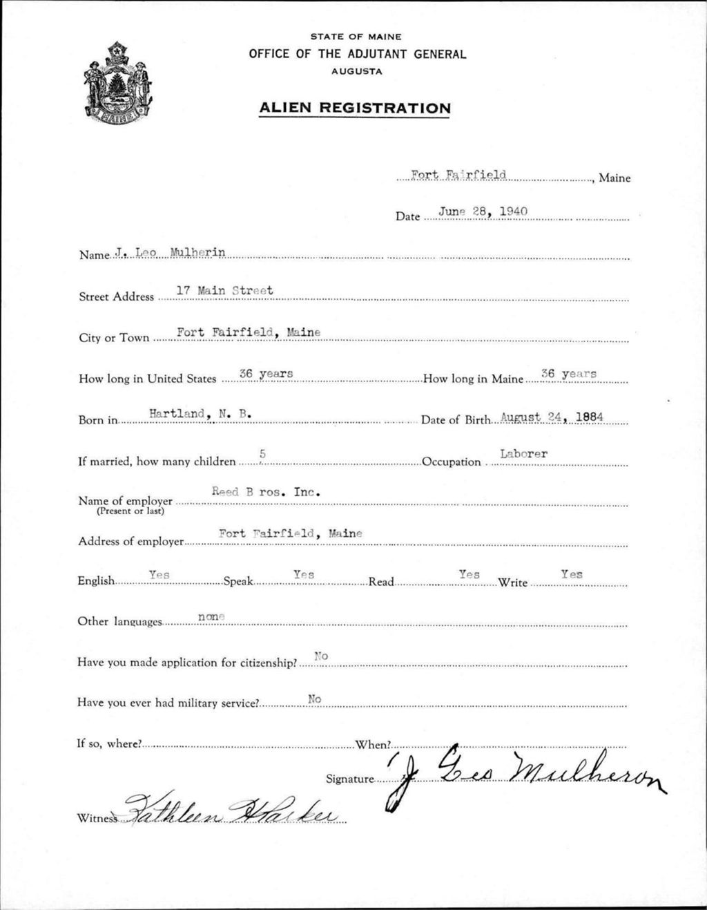 Miniature of Alien Registration- Mulherin, J Leo (Fort Fairfield, Aroostook County)