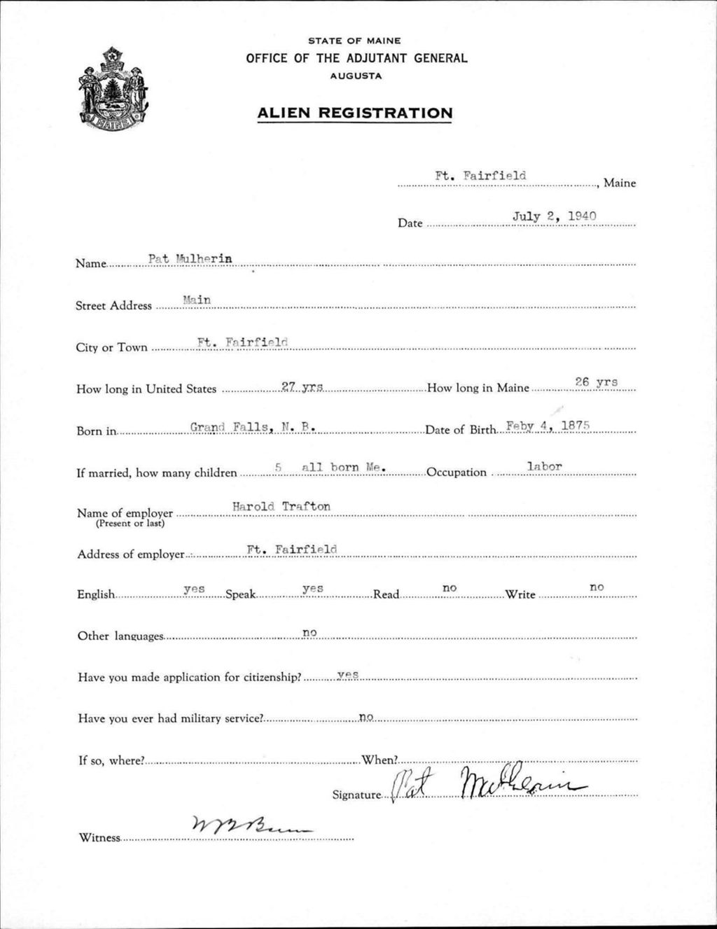Miniature of Alien Registration- Mulhern, Pat (Fort Fairfield, Aroostook County)