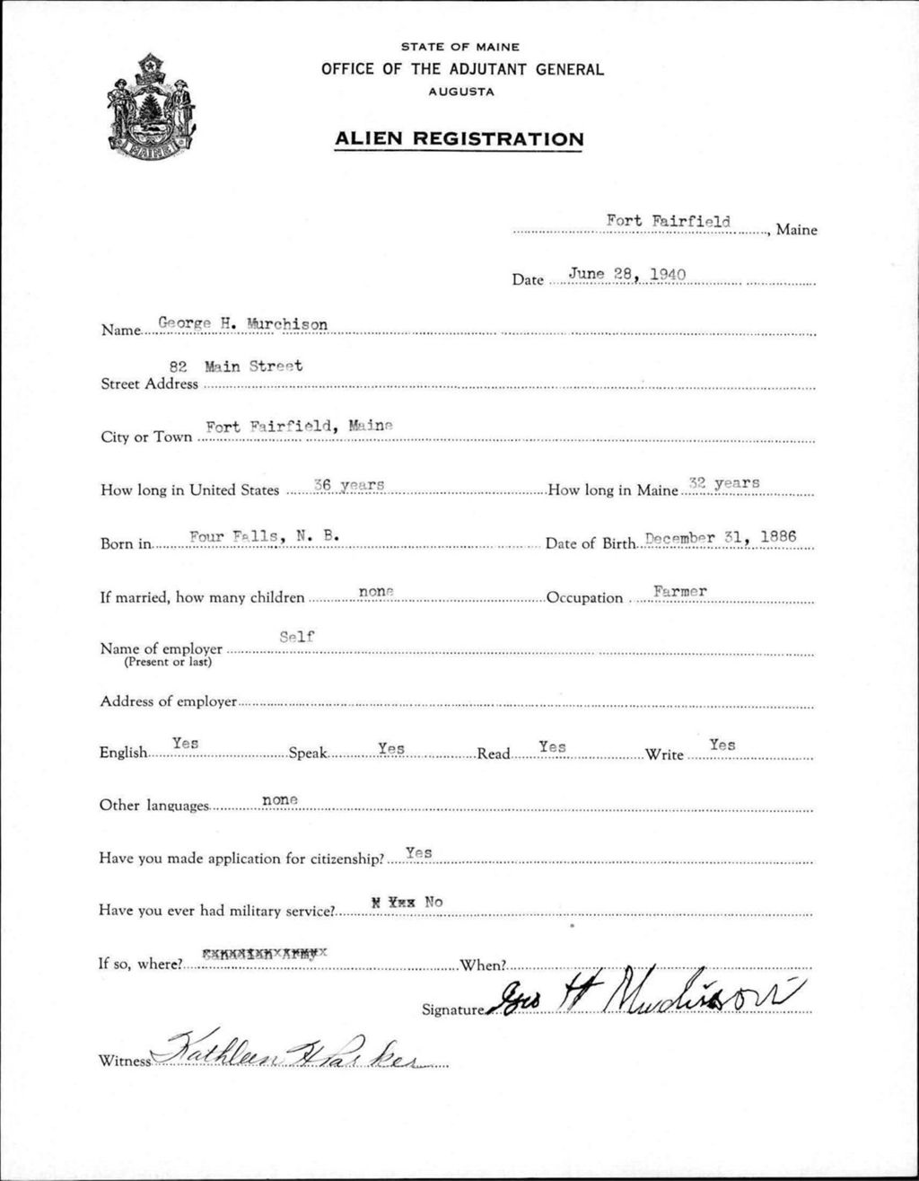 Miniature of Alien Registration- Murchison, George H. (Fort Fairfield, Aroostook County)