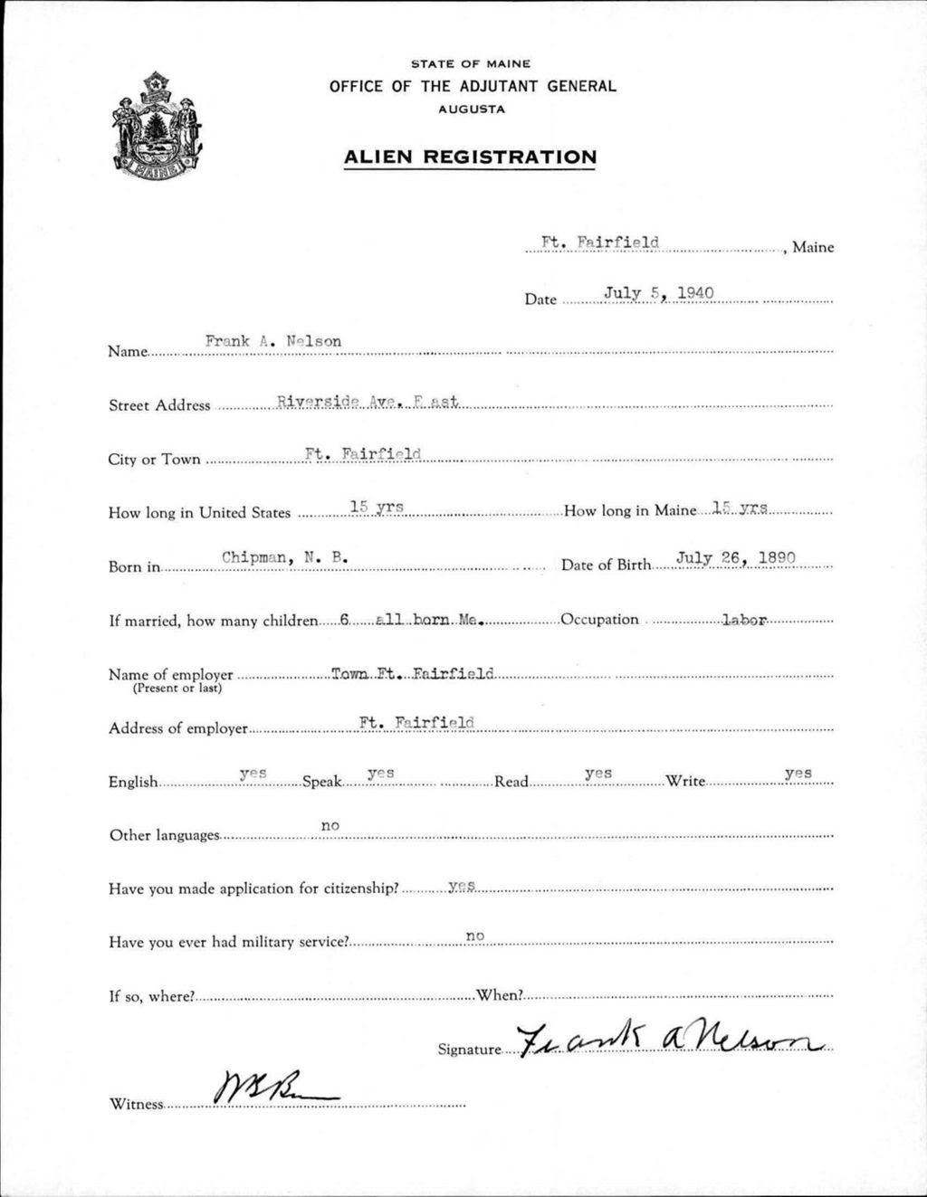 Miniature of Alien Registration- Nelson, Frank A. (Fort Fairfield, Aroostook County)