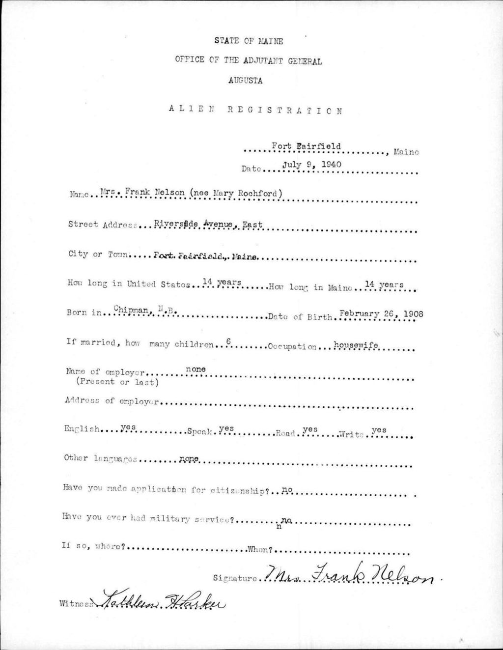 Miniature of Alien Registration- Rochford, Mary (Fort Fairfield, Aroostook County)