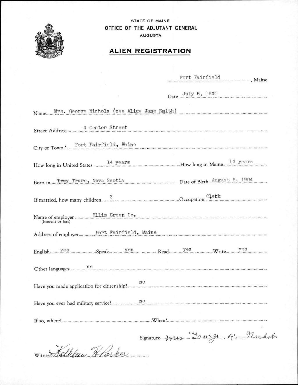 Miniature of Alien Registration- Smith, Alice J. (Fort Fairfield, Aroostook County)