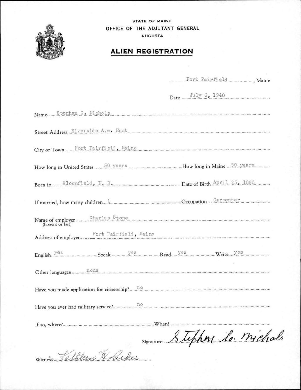 Miniature of Alien Registration- Nichols, Stephen C. (Fort Fairfield, Aroostook County)