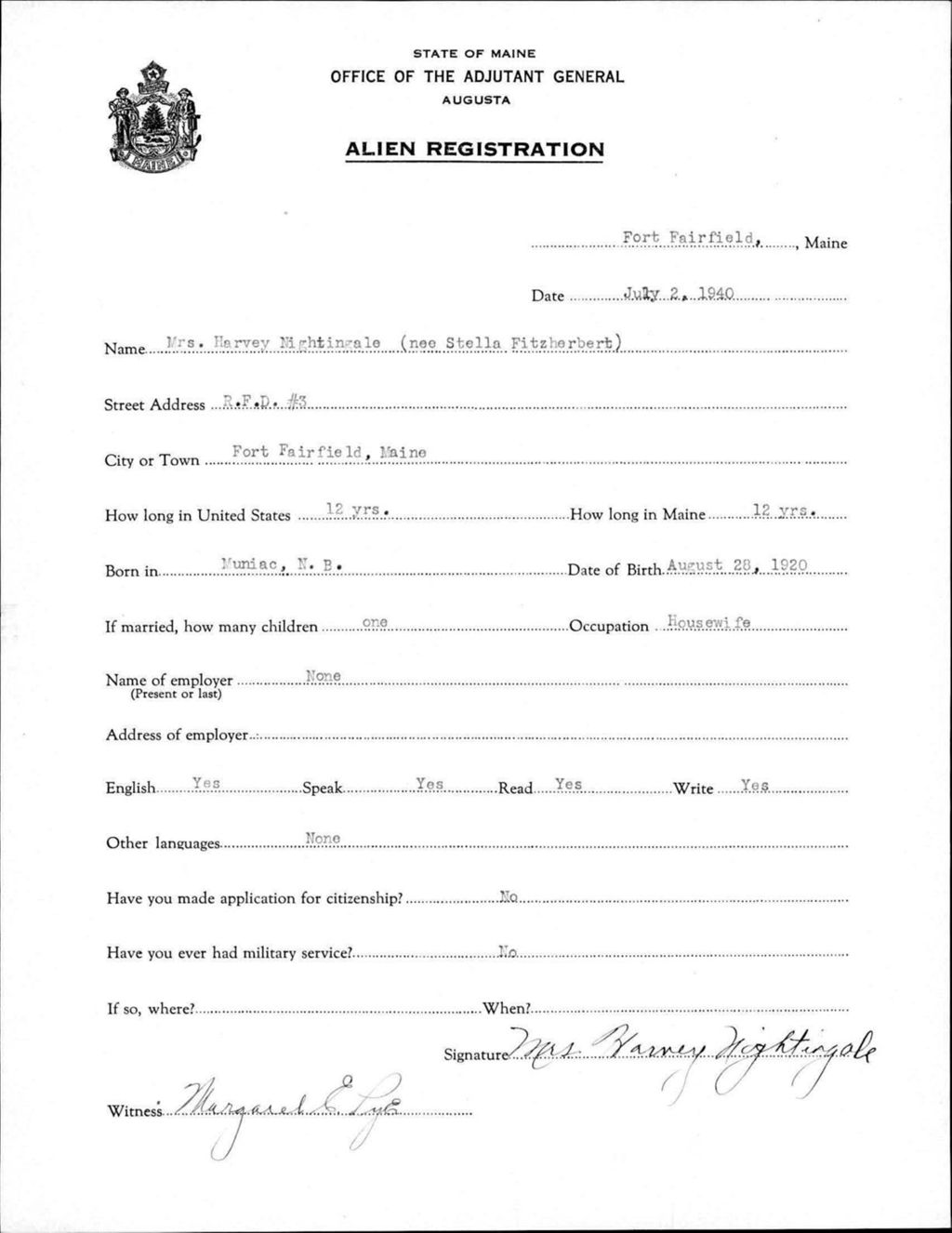 Miniature of Alien Registration- Fitzherbert, Stella (Fort Fairfield, Aroostook County)