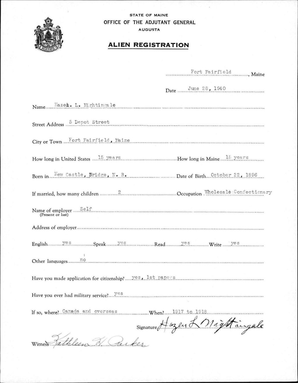 Miniature of Alien Registration- Nightingale, Hazel L. (Fort Fairfield, Aroostook County)