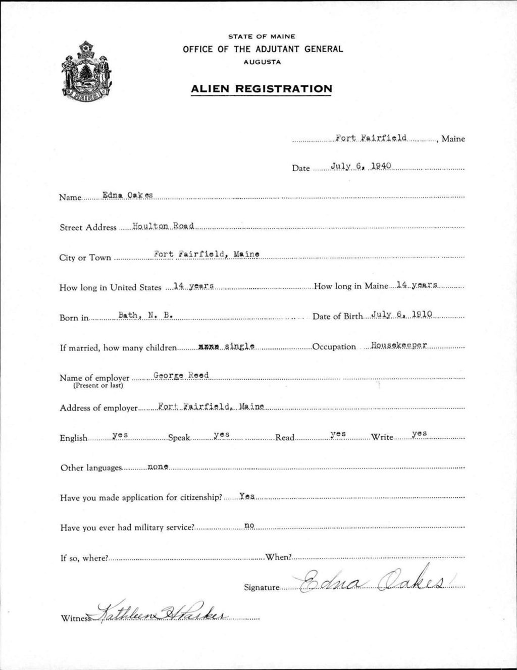 Miniature of Alien Registration- Oakes, Edna (Fort Fairfield, Aroostook County)