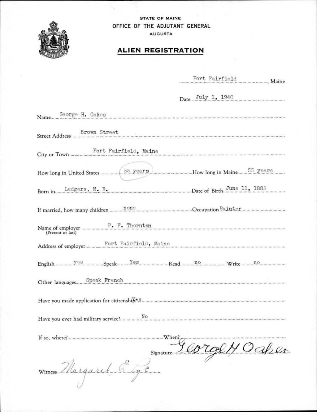 Miniature of Alien Registration- Oakes, George H. (Fort Fairfield, Aroostook County)
