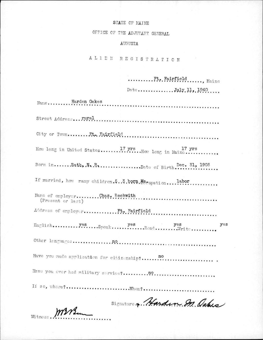 Miniature of Alien Registration- Oakes, Harden (Fort Fairfield, Aroostook County)