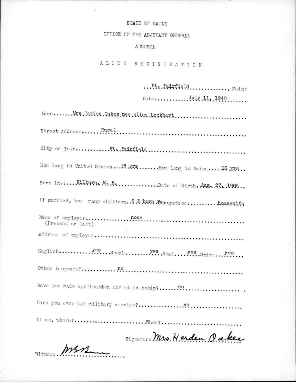 Miniature of Alien Registration- Lockhart, Alice (Fort Fairfield, Aroostook County)