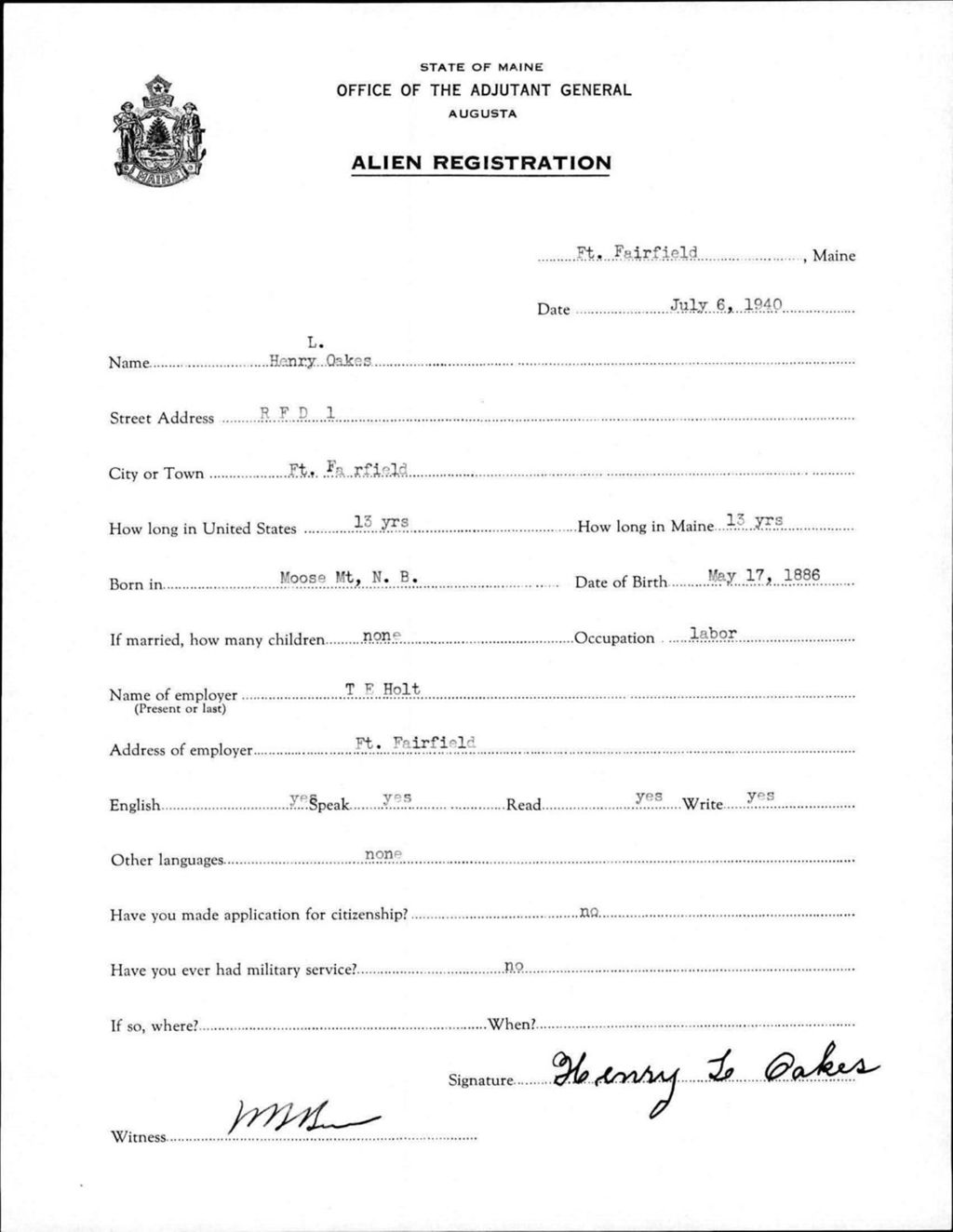Miniature of Alien Registration- Oakes, Henry L. (Fort Fairfield, Aroostook County)