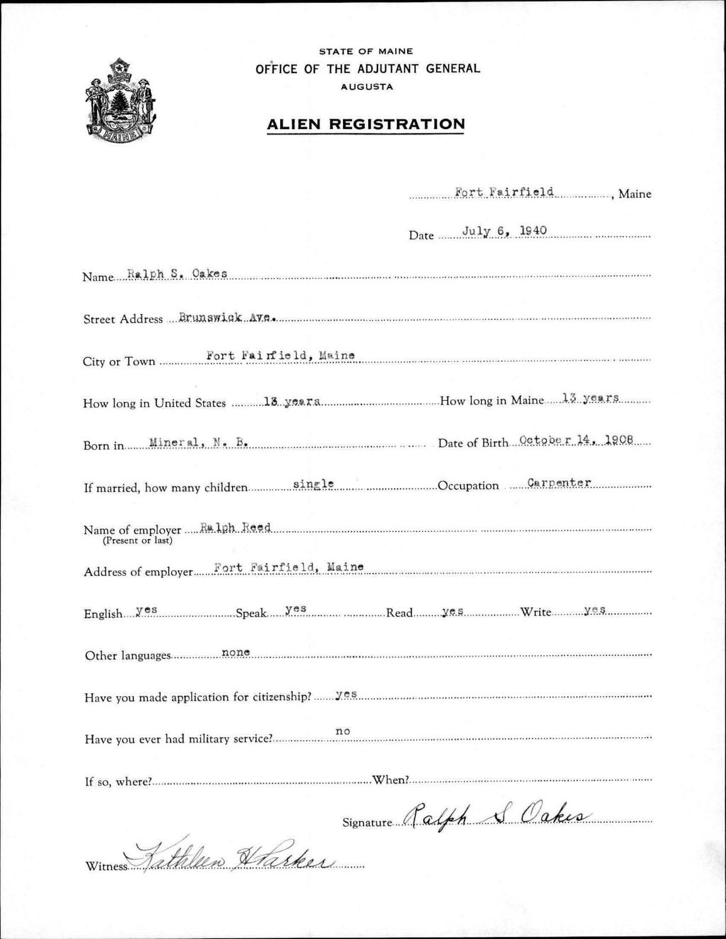 Miniature of Alien Registration- Oakes, Ralph S. (Fort Fairfield, Aroostook County)