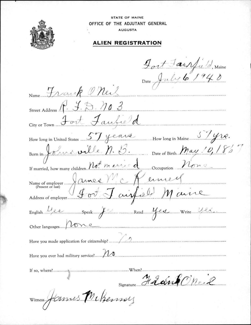 Miniature of Alien Registration- Oneil, Frank (Fort Fairfield, Aroostook County)