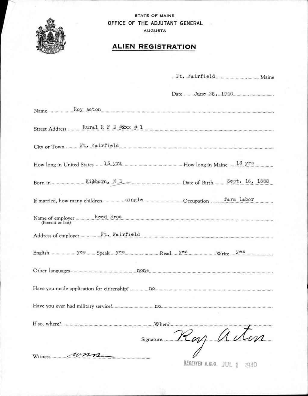 Miniature of Alien Registration- Acton, Roy (Fort Fairfield, Aroostook County)