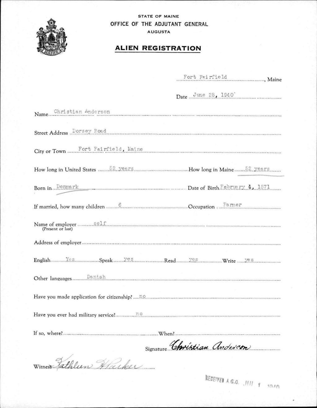 Miniature of Alien Registration- Anderson, Christine (Fort Fairfield, Aroostook County)
