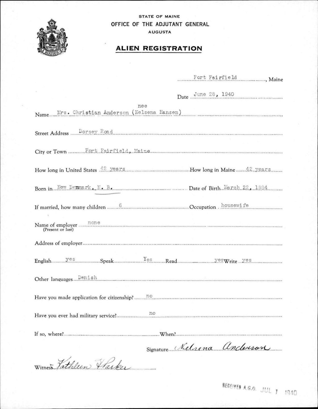 Miniature of Alien Registration- Hansen, Nelsena (Fort Fairfield, Aroostook County)