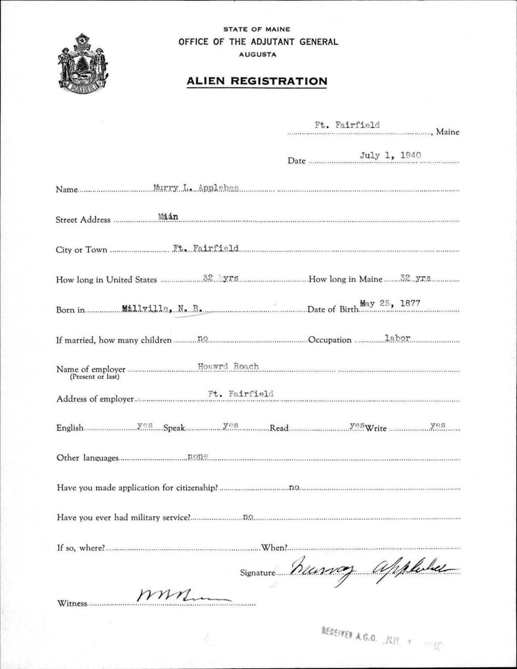 Miniature of Alien Registration- Applebee, Murry L. (Fort Fairfield, Aroostook County)