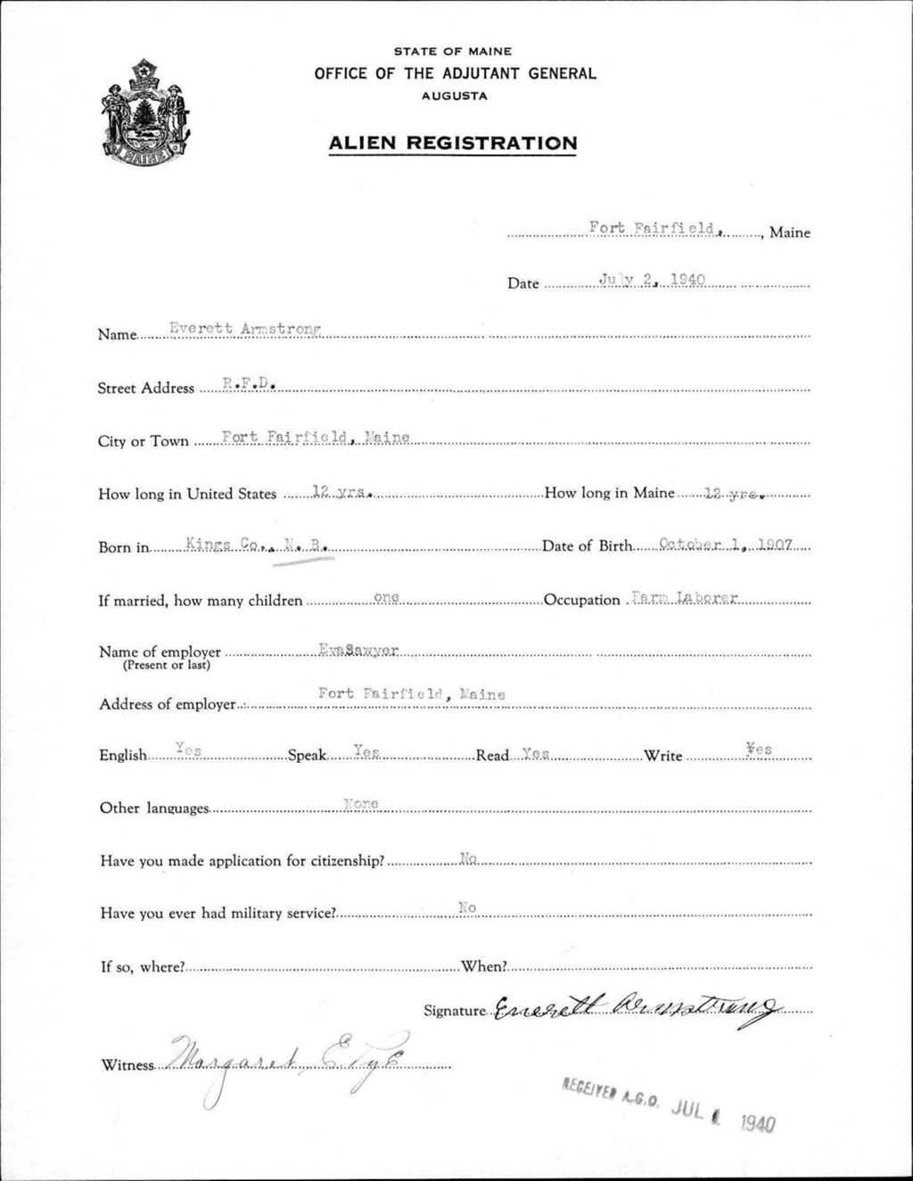 Miniature of Alien Registration- Armstrong, Everett (Fort Fairfield, Aroostook County)