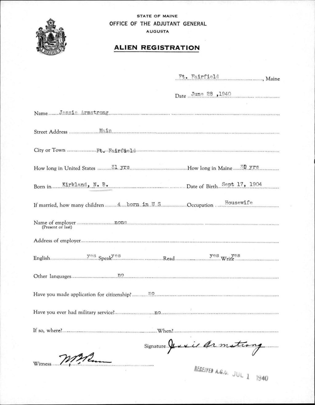 Miniature of Alien Registration- Armstrong, Jessie (Fort Fairfield, Aroostook County)