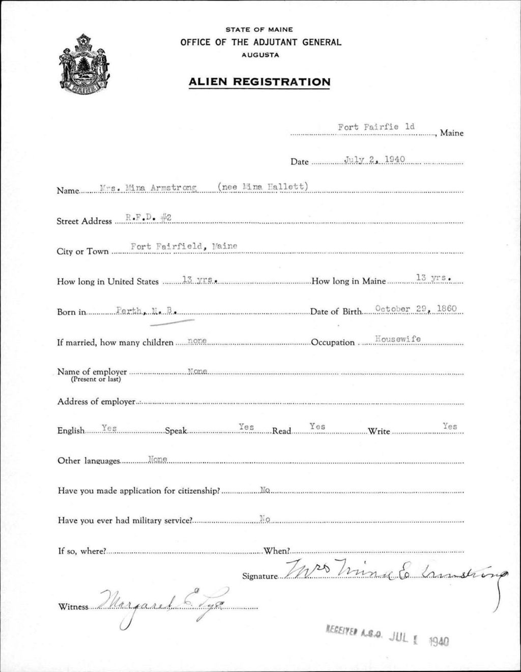 Miniature of Alien Registration- Hallett, Nina (Fort Fairfield, Aroostook County)