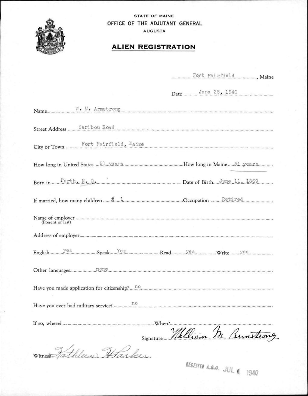 Miniature of Alien Registration- Armstrong, W M. (Fort Fairfield, Aroostook County)
