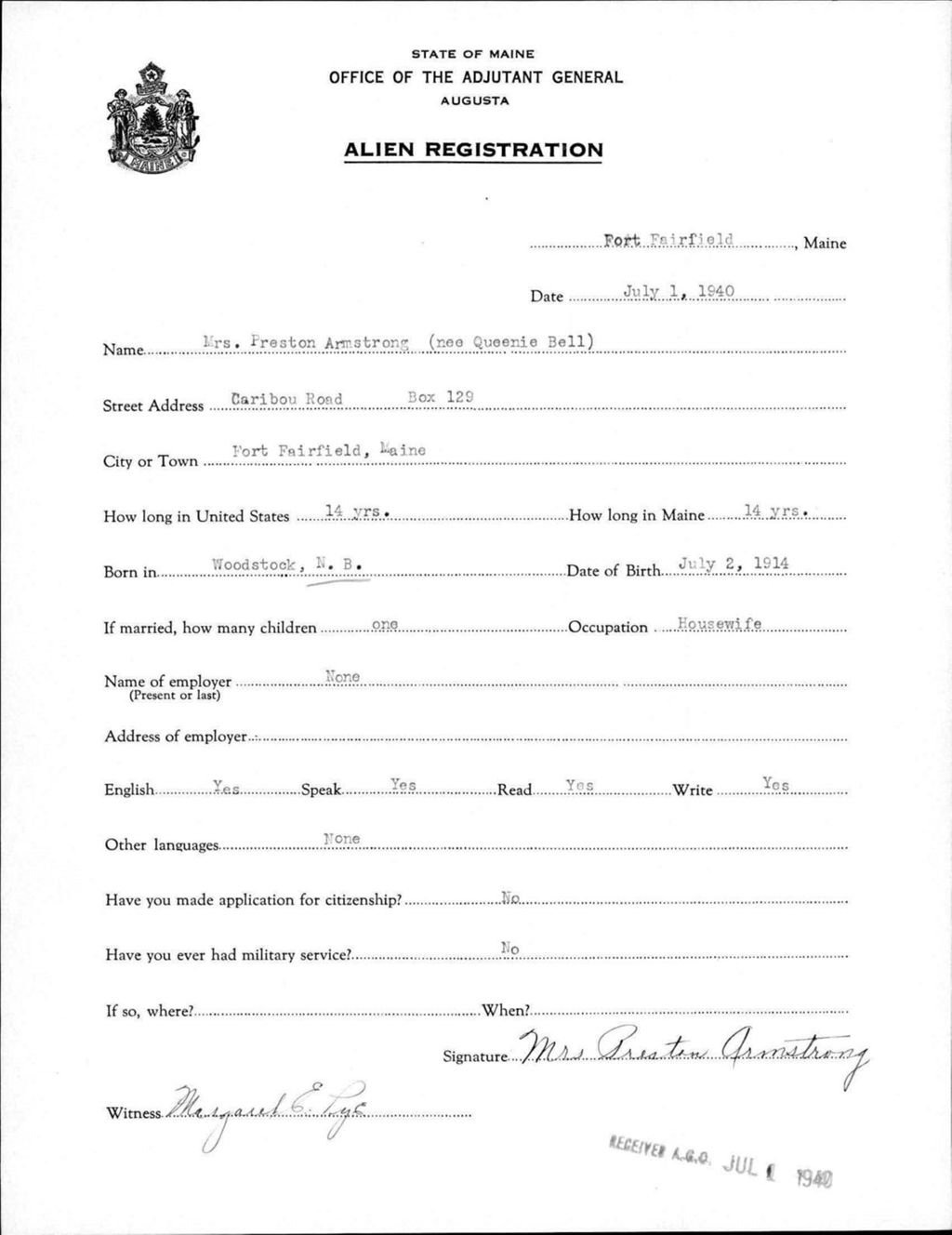 Miniature of Alien Registration- Bell, Queenie (Fort Fairfield, Aroostook County)