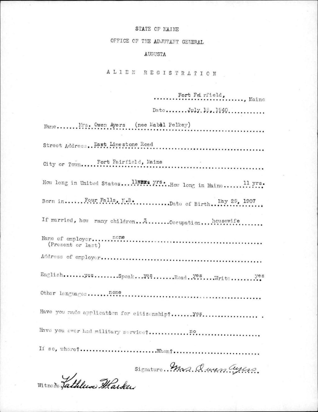Miniature of Alien Registration- Pelkey, Mabel (Fort Fairfield, Aroostook County)