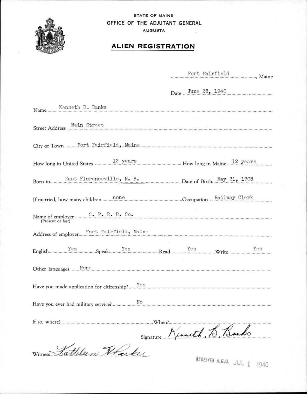Miniature of Alien Registration- Banks, Kenneth B. (Fort Fairfield, Aroostook County)