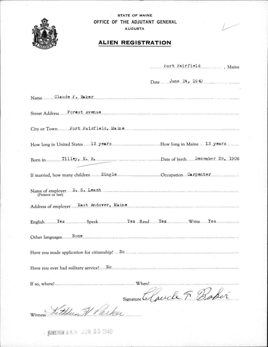 Miniature of Alien Registration- Baker, Claude F. (Fort Fairfield, Aroostook County)