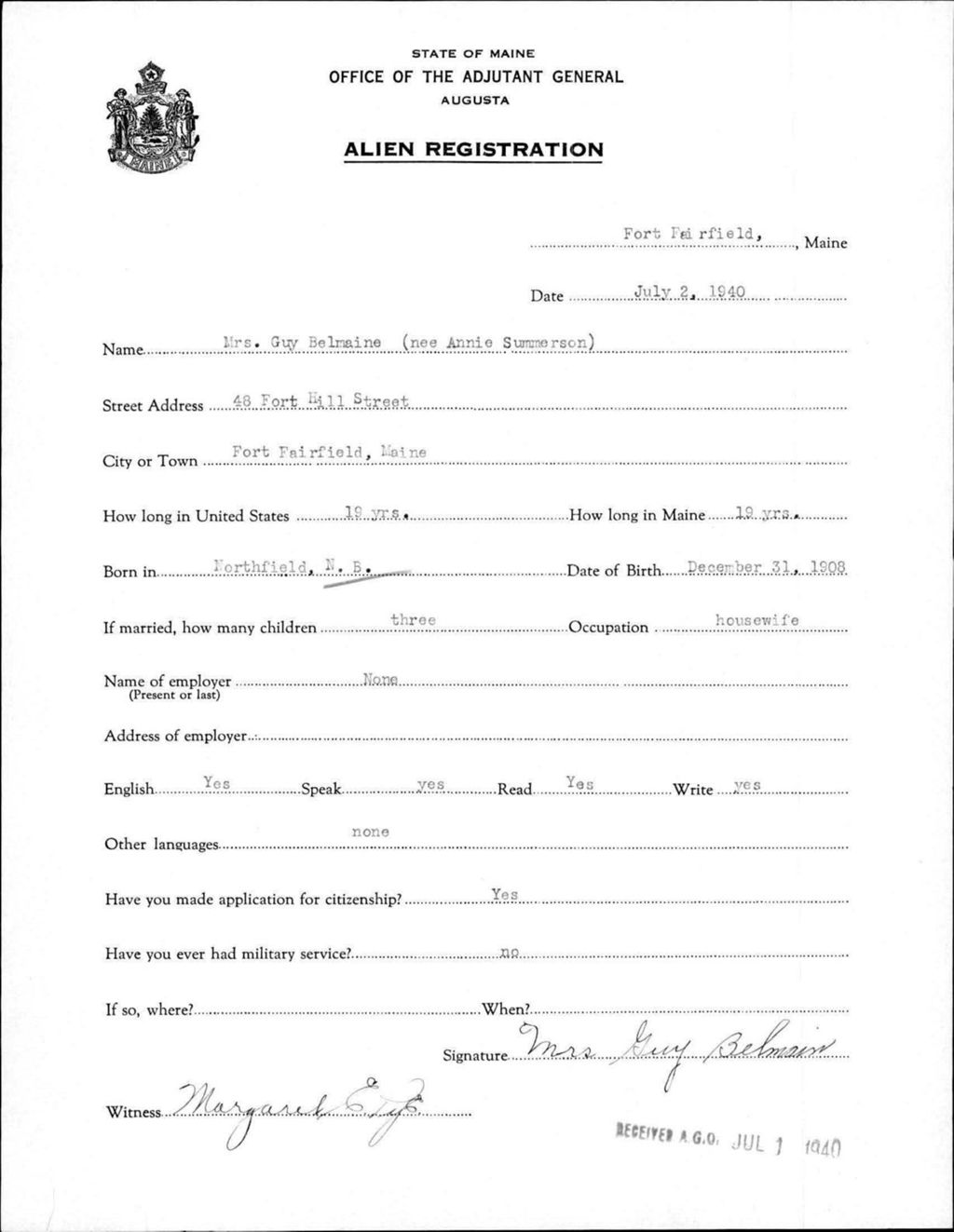 Miniature of Alien Registration- Summerson, Annie (Fort Fairfield, Aroostook County)