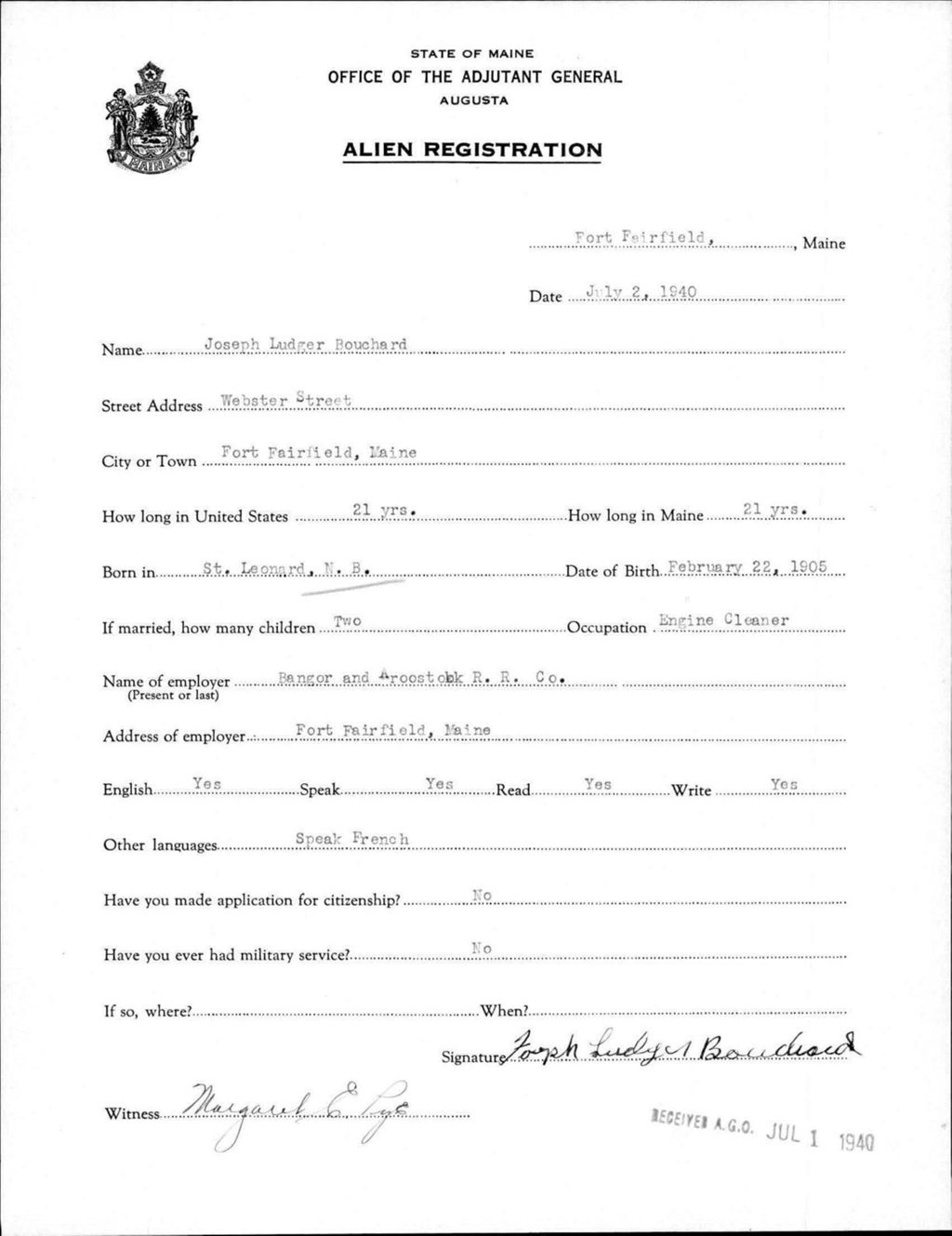 Miniature of Alien Registration- Bouchard, Joseph L. (Fort Fairfield, Aroostook County)