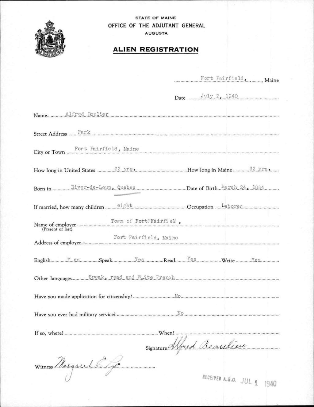 Miniature of Alien Registration- Boulier, Alfred (Fort Fairfield, Aroostook County)