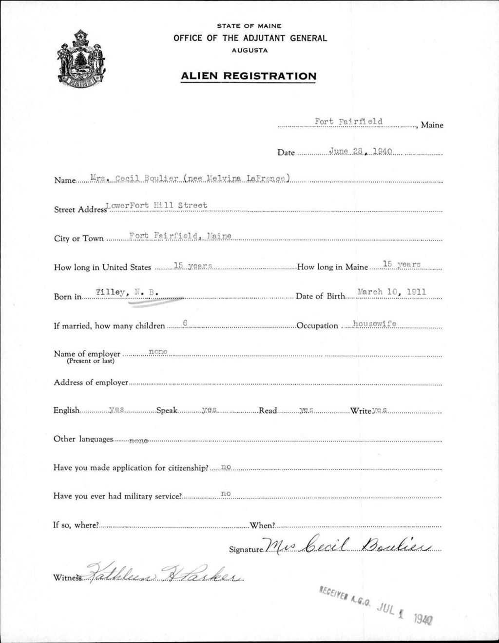 Miniature of Alien Registration- Lafrance, Melvina (Fort Fairfield, Aroostook County)