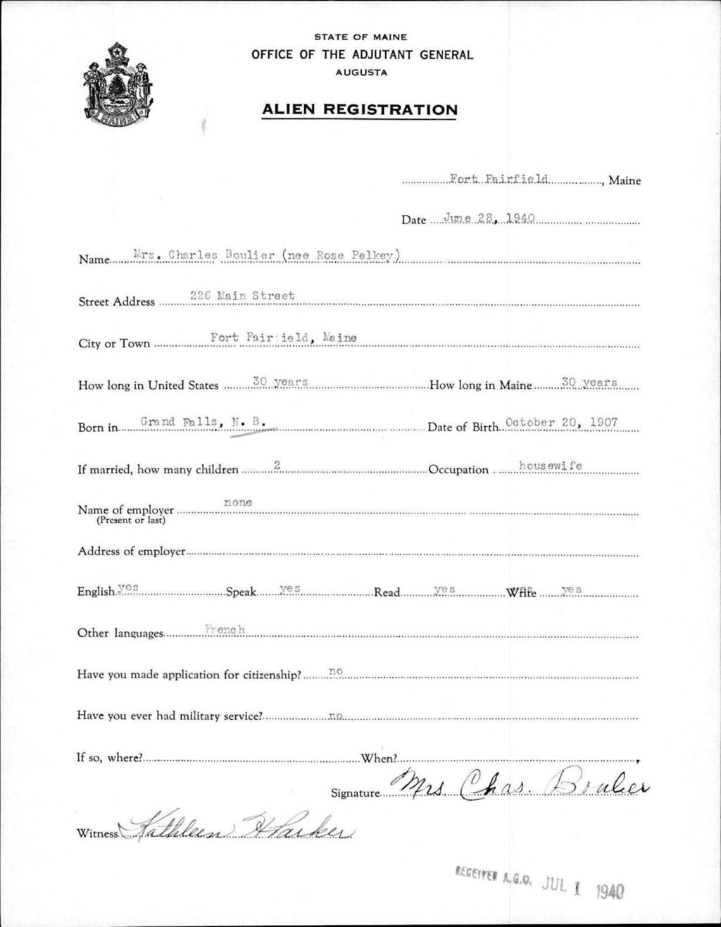 Miniature of Alien Registration- Pelkey, Rose (Fort Fairfield, Aroostook County)