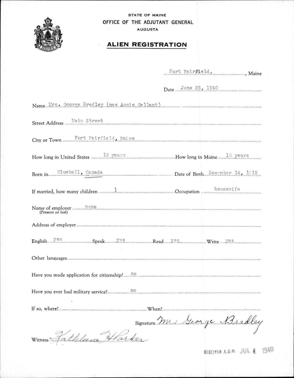 Miniature of Alien Registration- Gallant, Annie (Fort Fairfield, Aroostook County)
