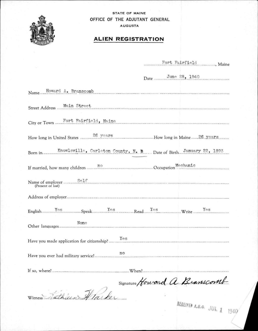 Miniature of Alien Registration- Branscomb, Howard A. (Fort Fairfield, Aroostook County)