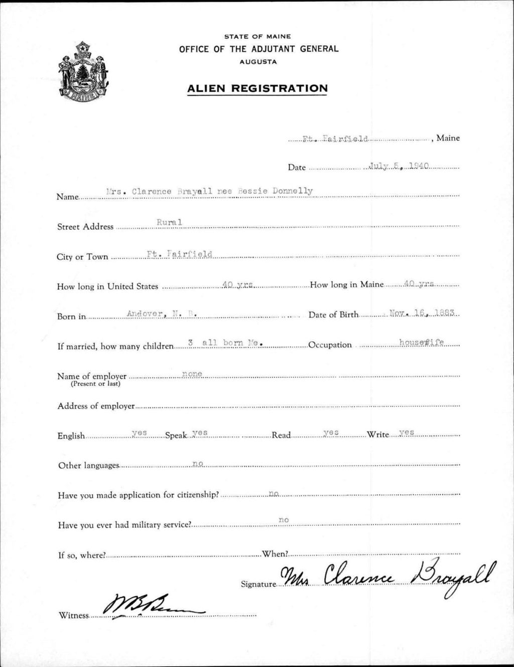 Miniature of Alien Registration- Donnelly, Bessie (Fort Fairfield, Aroostook County)